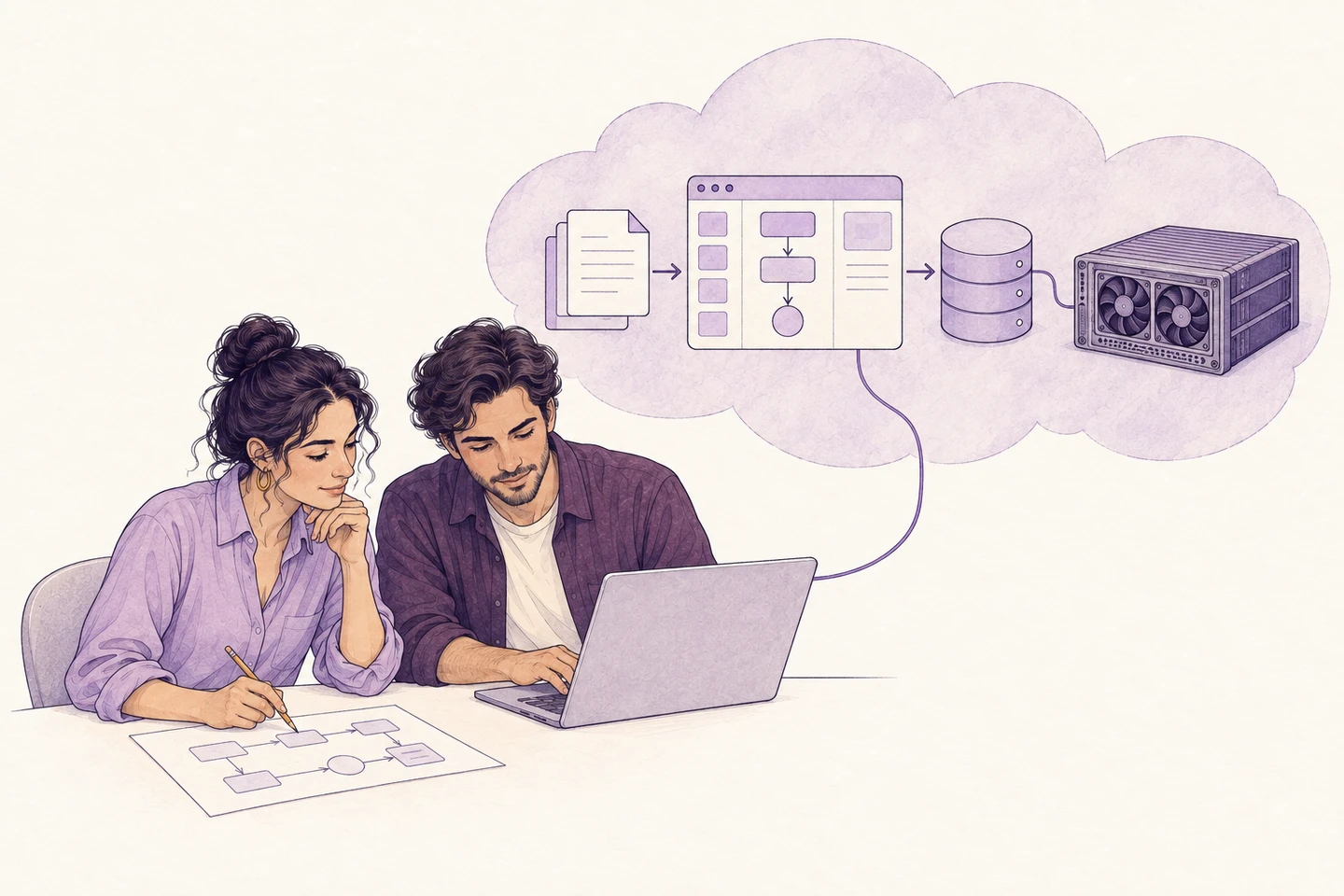 A business team works on an AI application connected to cloud and GPU resources.
