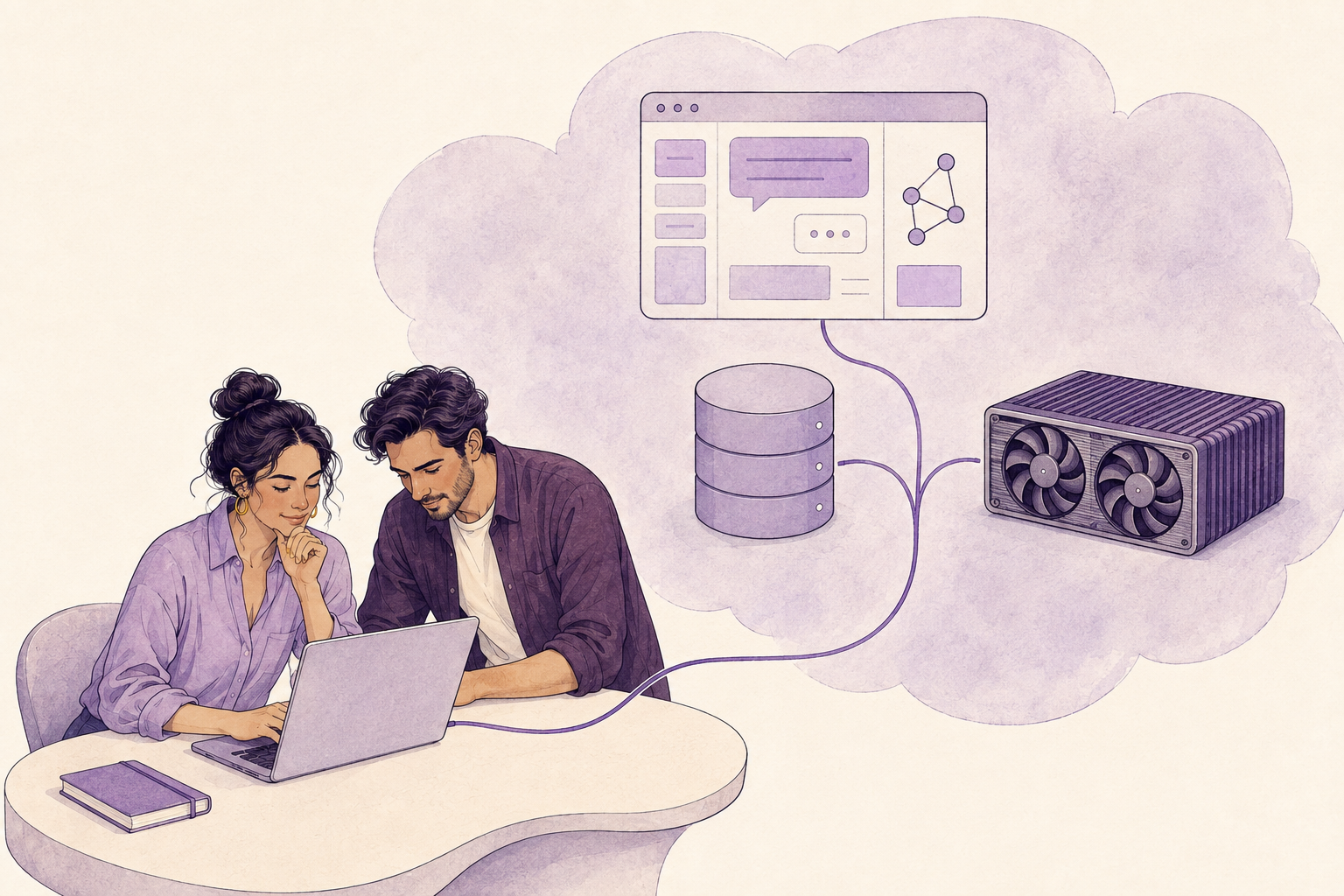 Two builders work from one laptop, connected to application, AI and GPU resources running remotely in the cloud.