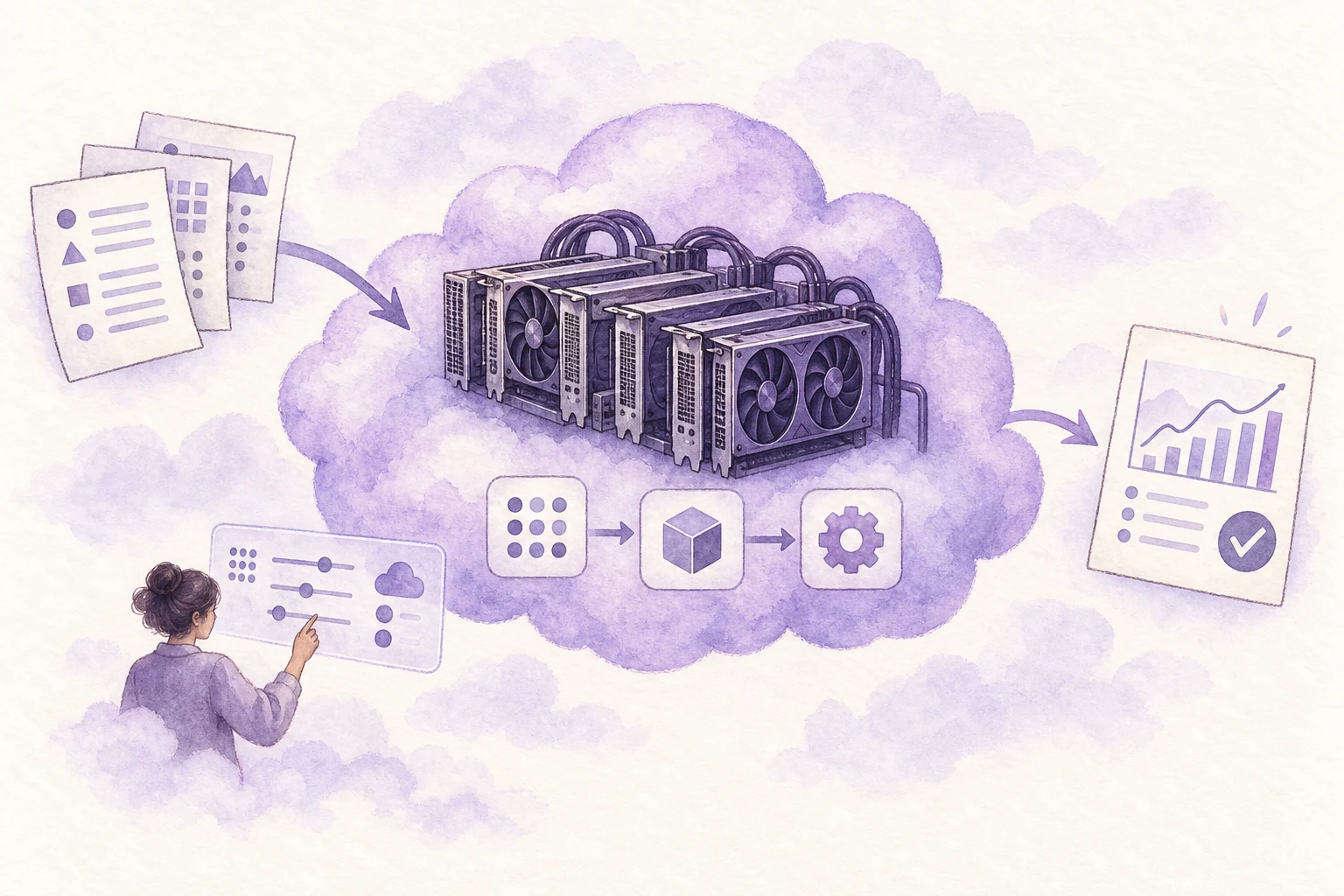 A cloud operator runs a GPU workflow, turning input data into results.