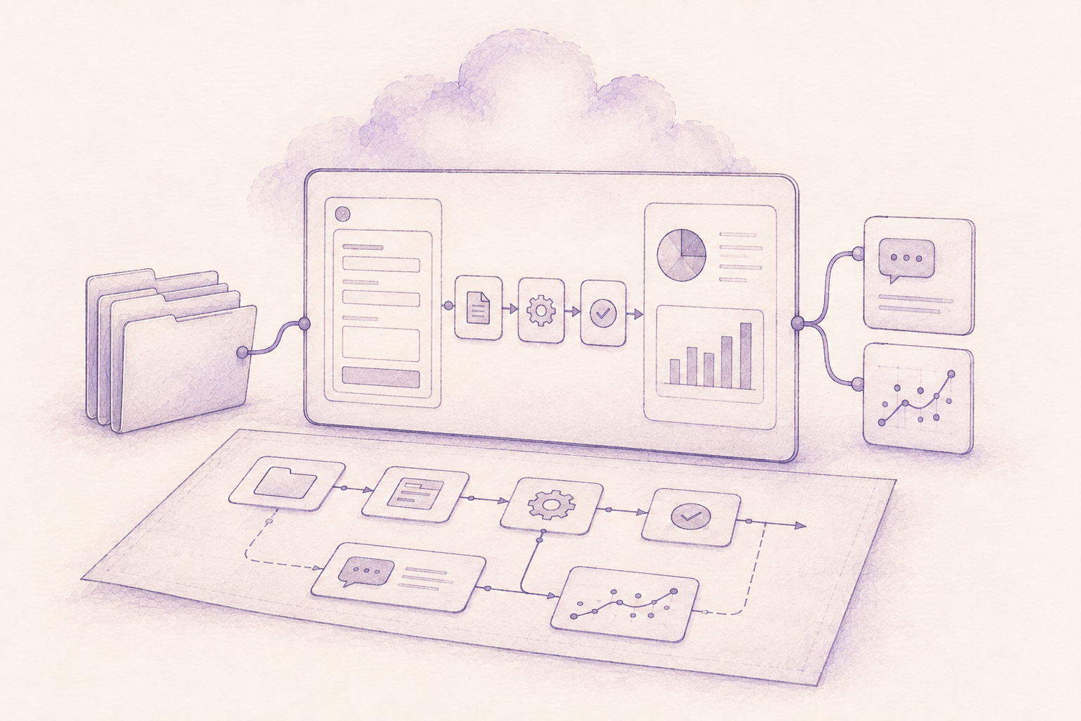Documents connect to a processing workflow, chat responses and analytical results on a project blueprint.