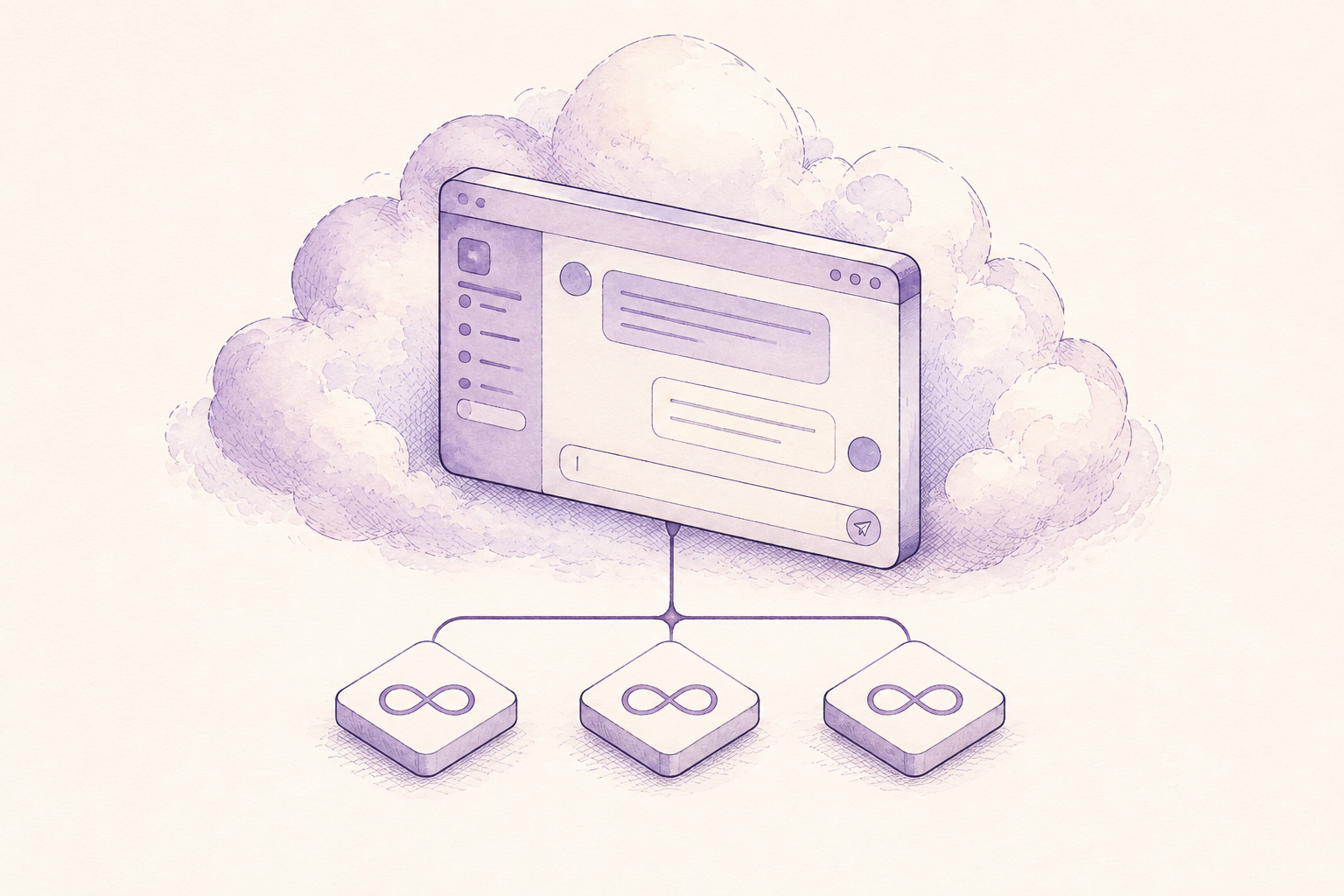 A cloud chat workspace connects to three matching model tiles marked with an infinity loop.