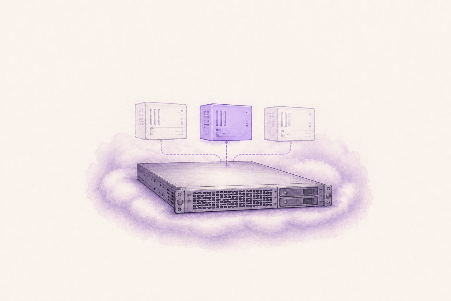 A highlighted virtual server shares a larger physical server in the cloud.