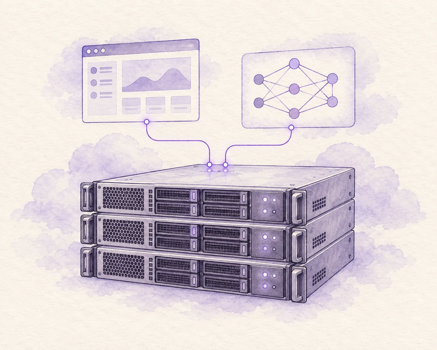 Cloud servers connected to an application and an AI model.