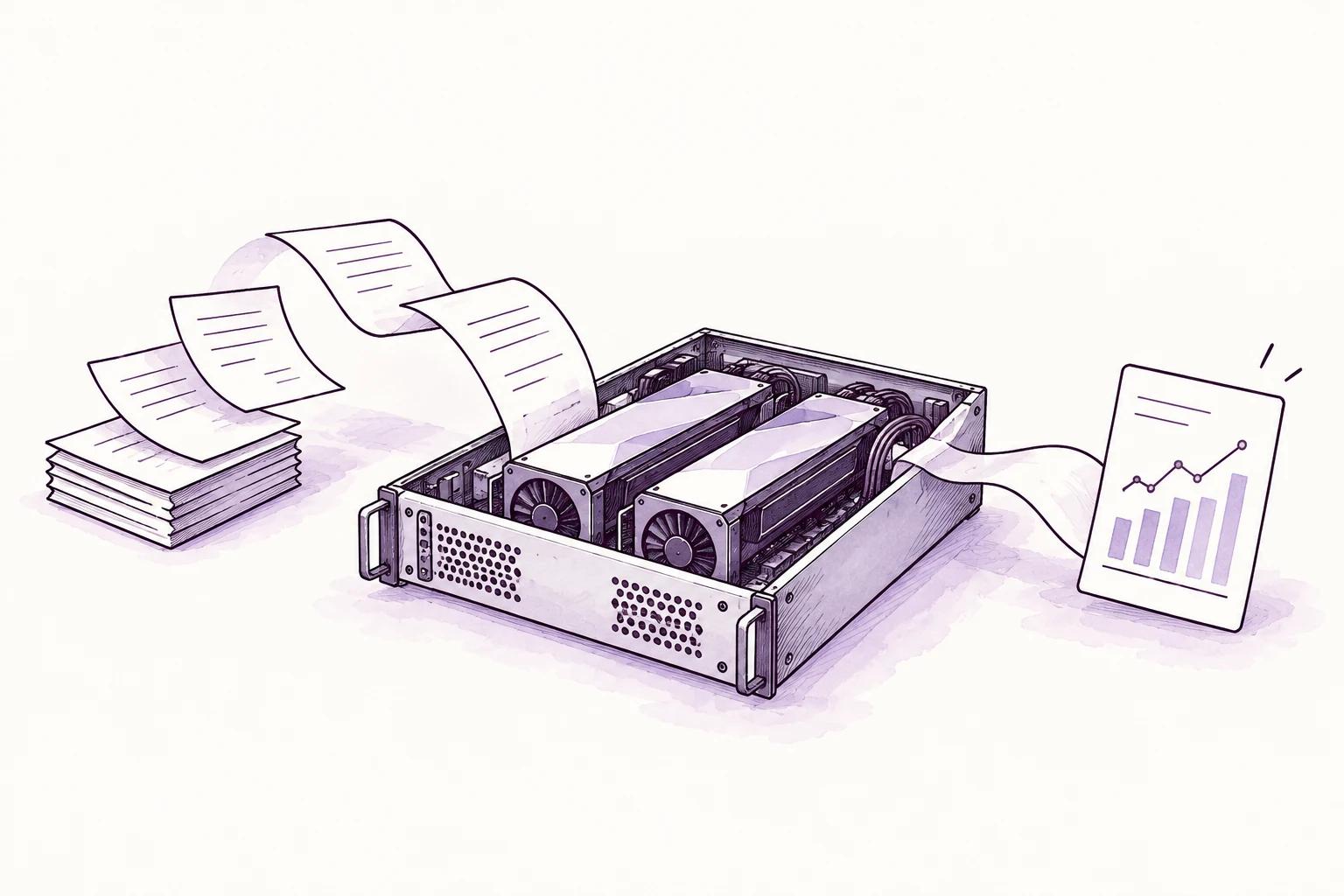 Input documents pass through a GPU server to an output chart.