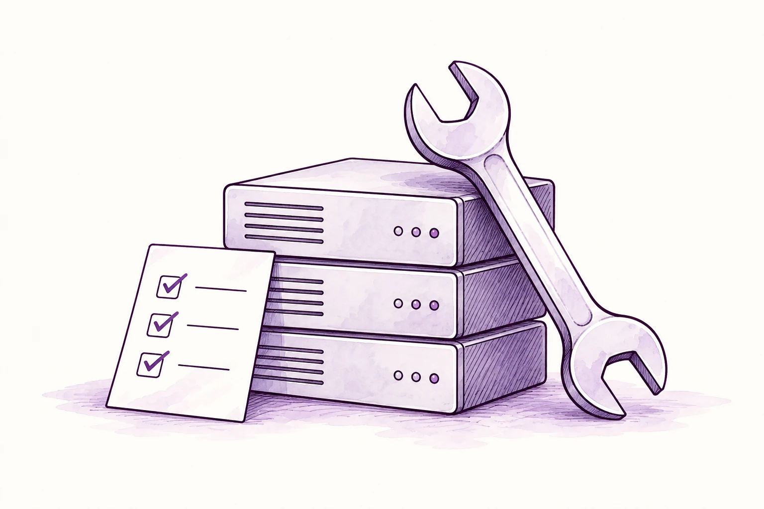 A server stack, spanner and checklist represent setup and ongoing care.